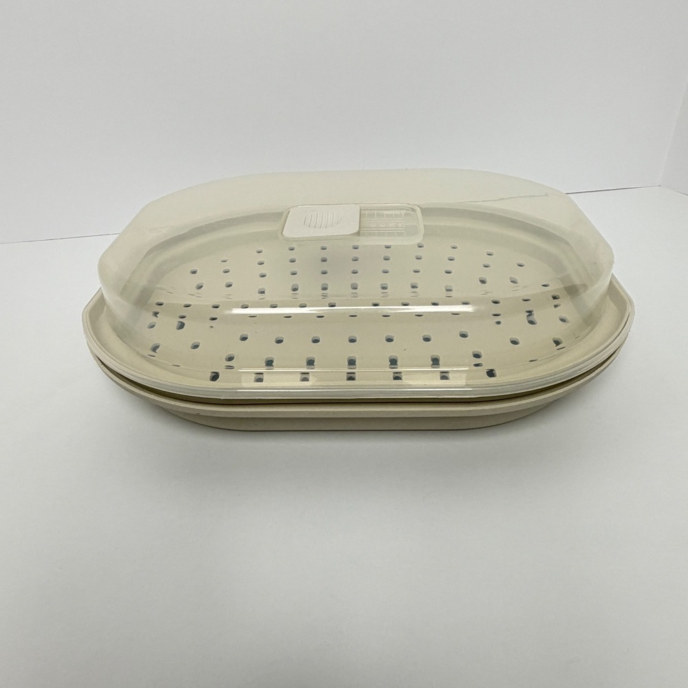 Vintage Progressive Miracle Ware Microwave Steamer Beige 3-Piece Set Vented Lid